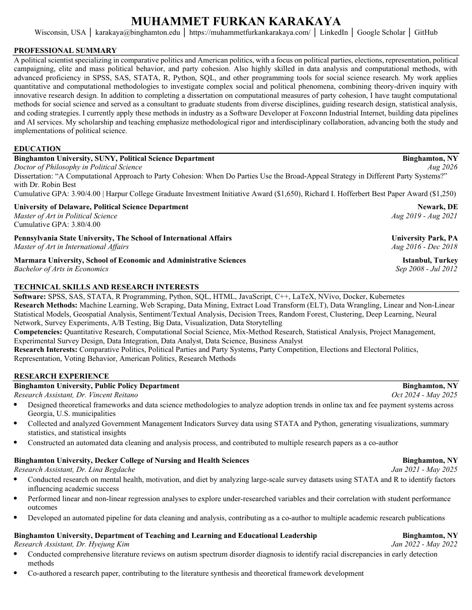First page of the CV of Muhammet Furkan Karakaya